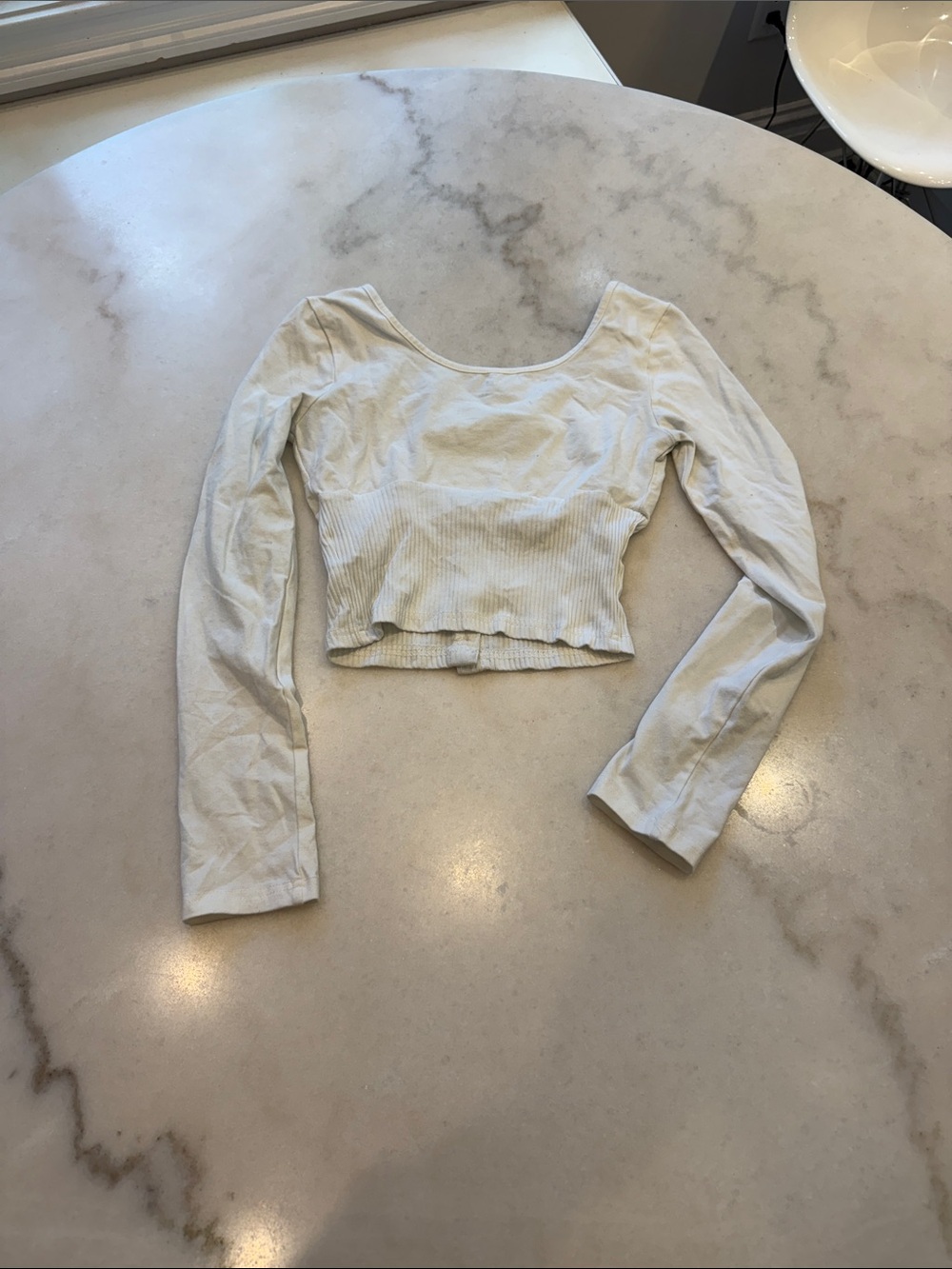 SHEIN Cream Ribbed Scoop-Neck Long Sleeve Crop Top
